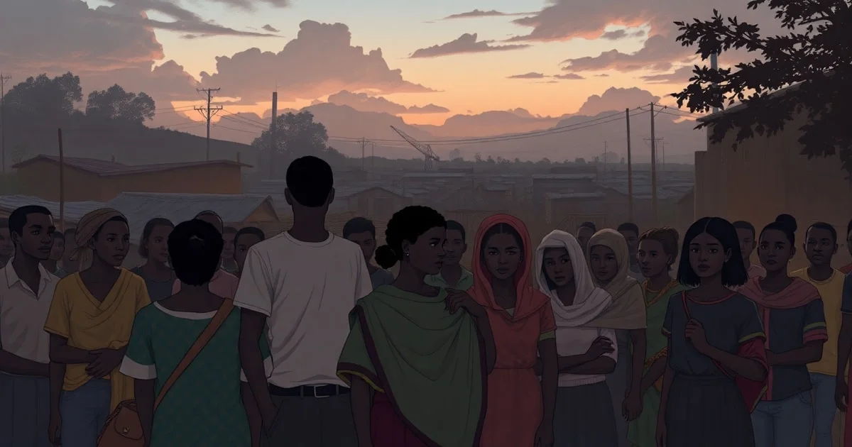 A somber illustration depicting a diverse group of people standing in solidarity against a backdrop of conflict in a South African township, with a focus on peace and mourning. Artistic, realistic, evening light.
