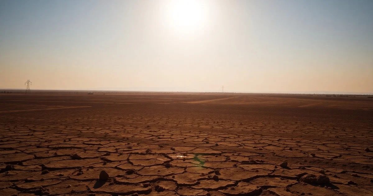 A parched landscape in South America under a scorching sun, with visible heat haze and distant wildfires, depicting climate crisis.