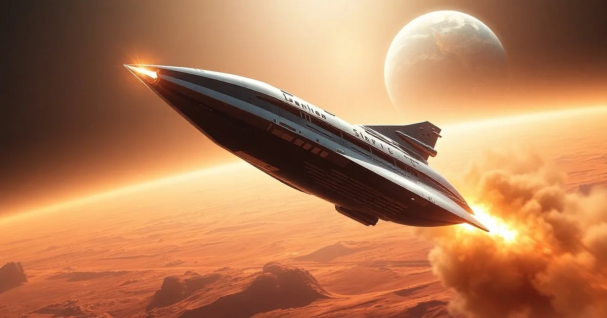 A detailed depiction of a sleek, silver Starship rocket launching from Mars, with Earth visible in the distance. The style is futuristic and epic, with dramatic lighting and a sense of vast cosmic scale.