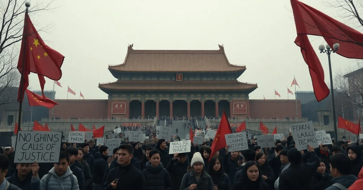 A somber, historically accurate depiction of the Tiananmen Square protests with students peacefully demonstrating, juxtaposed with elements representing ongoing calls for justice, in a realistic, poignant style with muted colors and a strong sense of reflection.