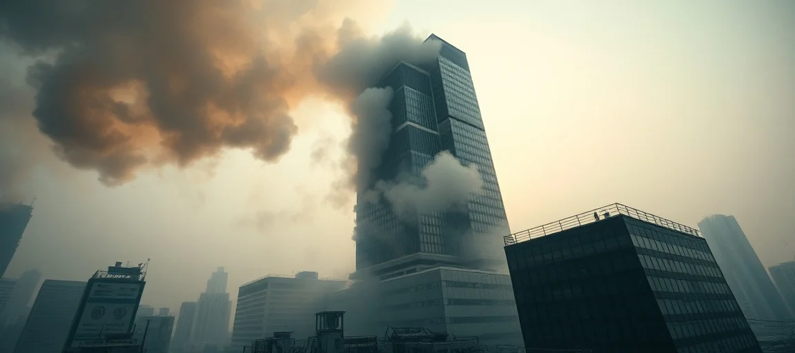 A dramatic, high-angle shot of a damaged skyscraper in Beijing with emergency services below, smoke rising, focused on the aftermath of a plane impact, realistic style, early morning light.