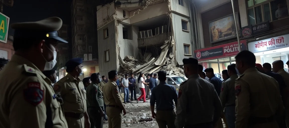 A dramatic scene of emergency services, including police and rescue workers, investigating a partially collapsed building in a dense urban area of Delhi. Focus on the human element of inquiry and official response, with a serious and urgent tone. Nighttime lighting. Realistic, journalistic style.