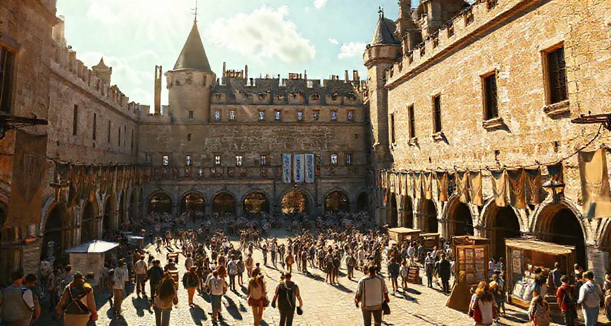 A wide-angle, highly detailed illustration of a sunlit, historic European castle courtyard bustling with diverse visitors, banners, and educational exhibits, warm artistic lighting, cinematic style.