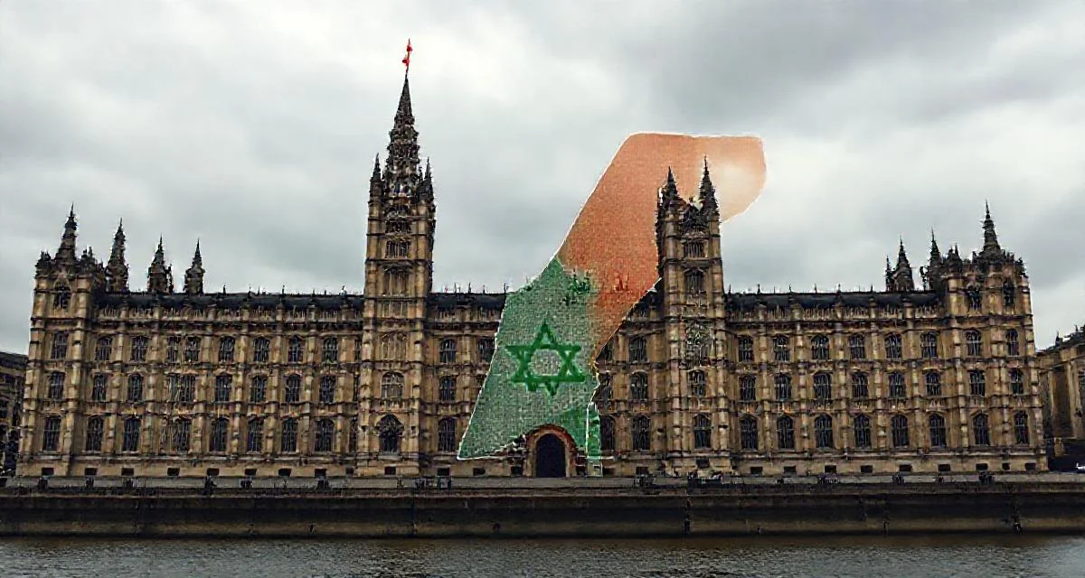 A detailed, realistic image of the UK Parliament building with a backdrop of a map of the West Bank, overlaid with subtle diplomatic symbols, under a serious, overcast sky.