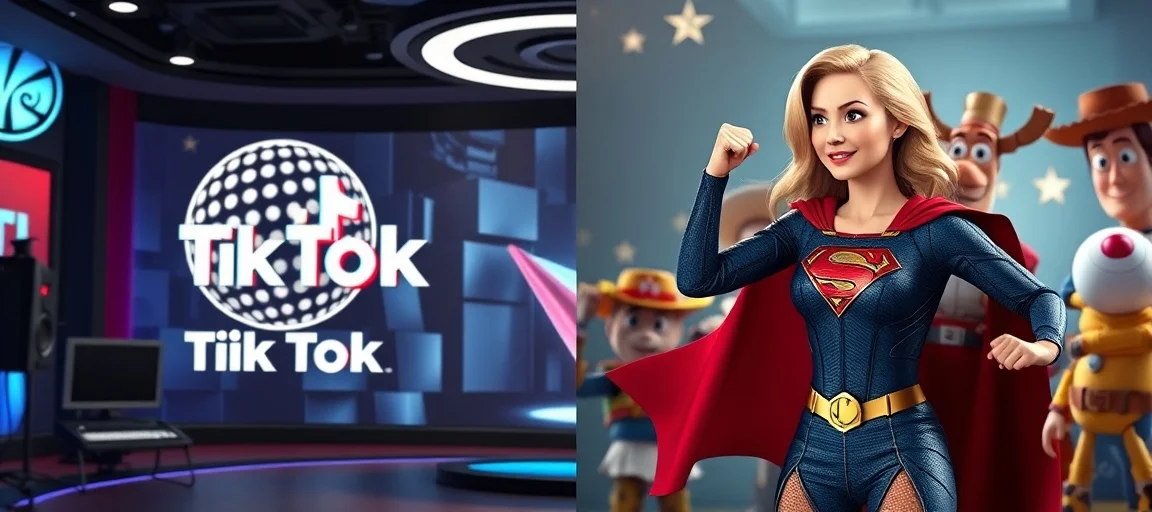 Dynamic split image: one side showing a futuristic studio setting with Universal Music Group and TikTok logos intertwined, symbolizing an AI music collaboration; the other side depicting Supergirl heroically facing off against iconic Toy Story characters in a cinematic, vibrant style. Studio lighting, digital art.