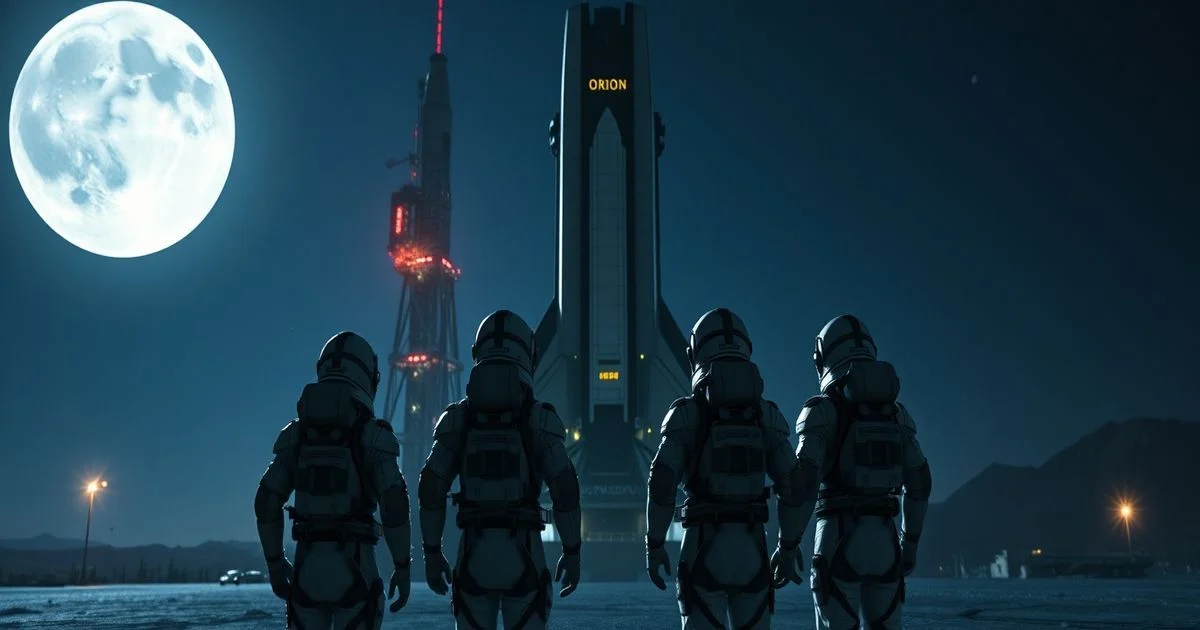 Four astronauts in advanced space suits, standing before a towering Orion spacecraft on a launchpad, with a large, bright moon visible in the night sky. Cinematic, futuristic, realistic.