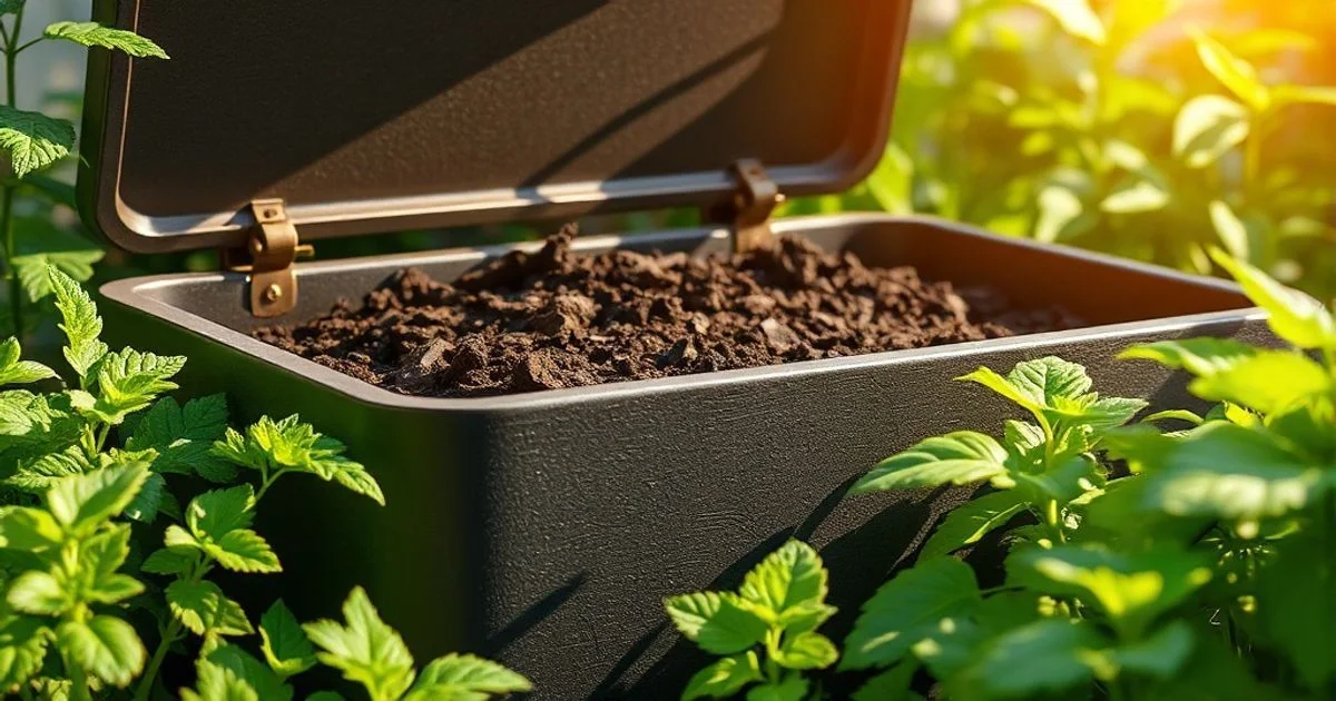 A close-up, vibrant shot of a modern home compost bin with rich, dark compost, surrounded by lush green plants, bathed in warm, natural sunlight. Digital art style.