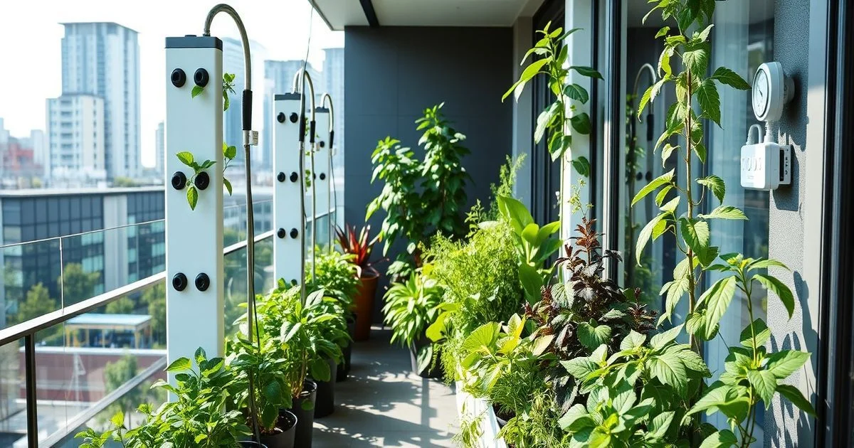 A modern urban balcony garden, showcasing vertical hydroponic towers, automated drip irrigation, smart IoT sensors, and lush edible plants, under soft natural light, tech-garden fusion aesthetic.