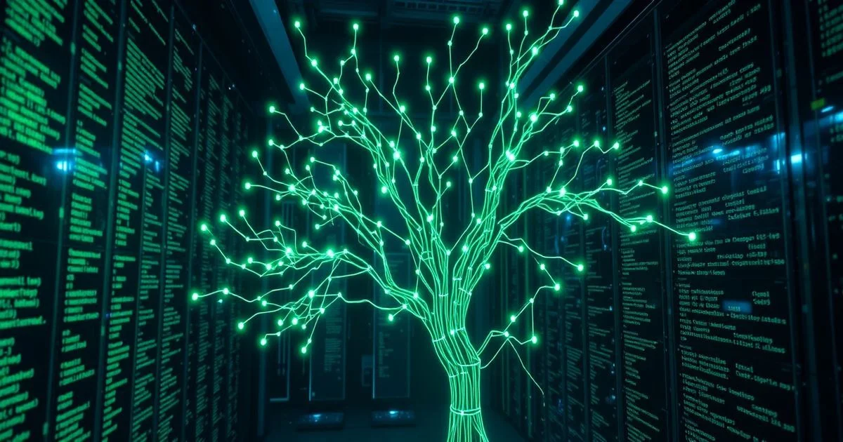 A glowing binary search tree made of interconnected nodes and lines in a futuristic data center, with code snippets floating around, dark blue and green cyberpunk aesthetic.