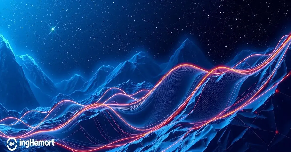A visual representation of gradient descent, showing a ball rolling down a 3D cost function landscape towards the minimum point, illustrating the iterative optimization process for beginners.