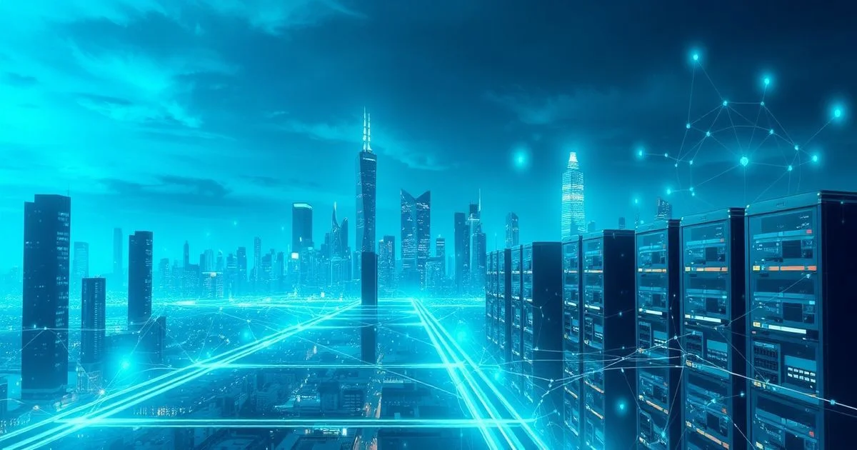 Futuristic city skyline with glowing data flow between interconnected servers, symbolizing high-traffic scalable systems. Digital art, blue-green palette, complex network focus.