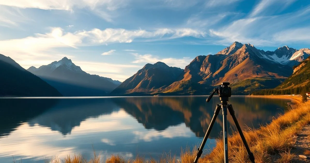 A vibrant, detailed landscape photograph taken during golden hour, featuring a serene mountain lake reflecting peaks, with leading lines, good depth of field, and a tripod in the foreground. Professional, high-dynamic-range photo.