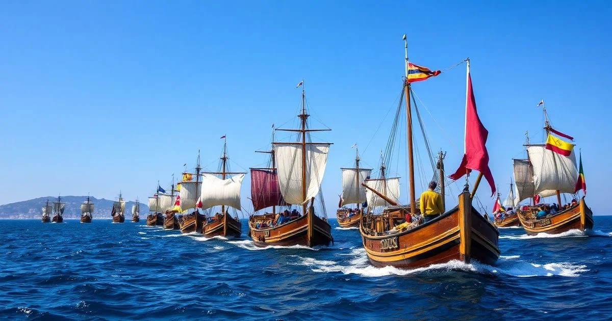 A fleet of diverse civilian ships, some adorned with banners, sailing determinedly on a blue sea towards a distant coastline, with a clear blue sky, capturing a sense of hope and defiance.