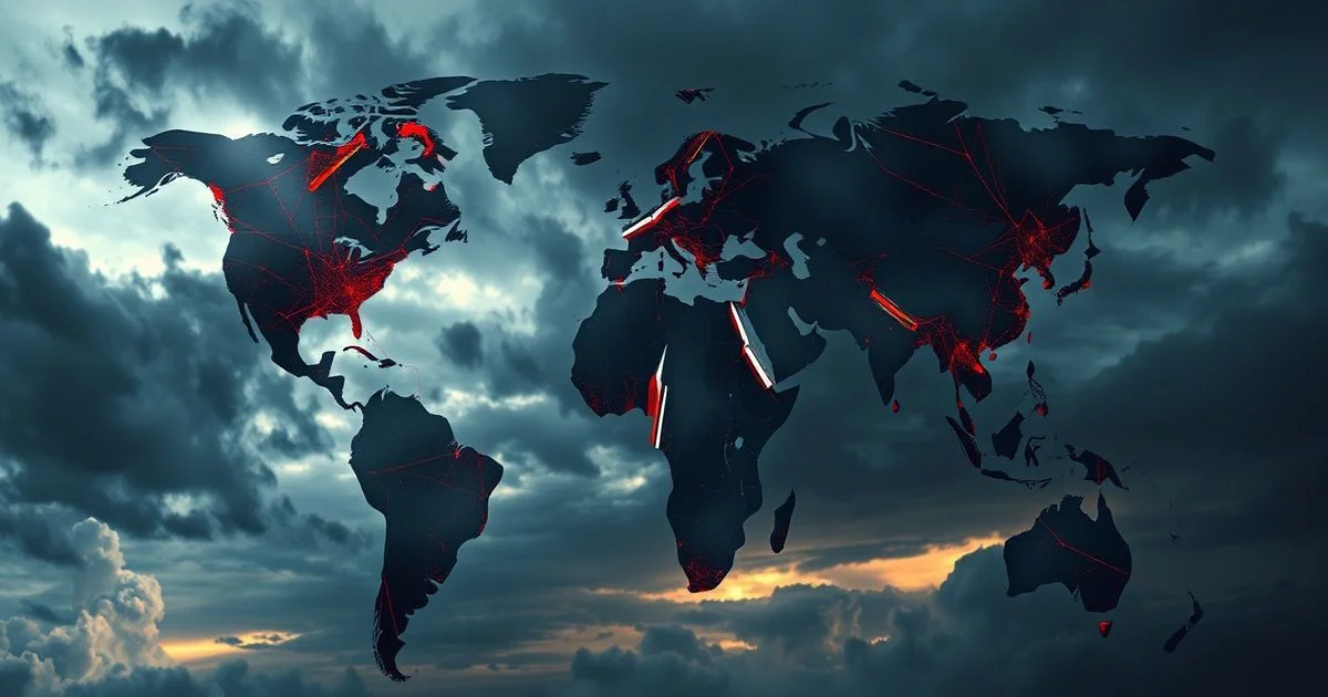 Abstract representation of interconnected global conflicts, with stylized world map fractured and red lines signifying tension, against a backdrop of dark skies and emerging hope, digital painting style.