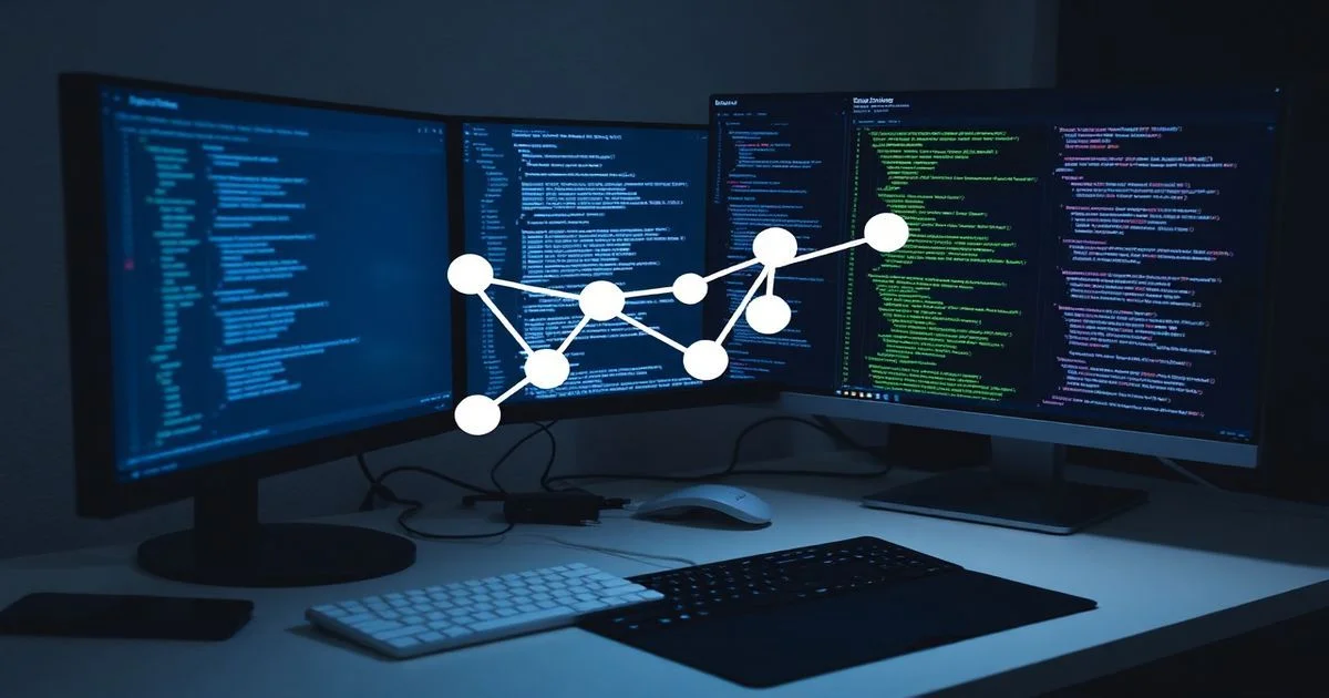 A professional developer's desk with multiple screens displaying code, a stylized Git branch graph flowing across, representing version control. Modern, clean aesthetic, focused lighting.