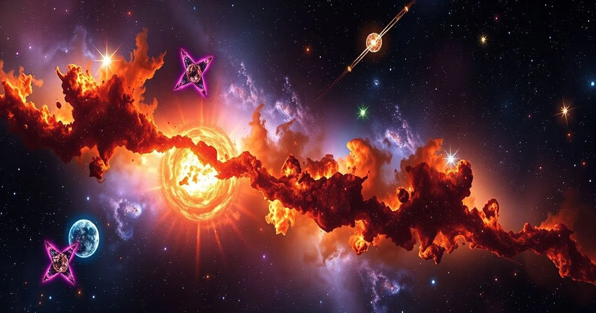 A vibrant nebula with stars at various life stages, showing cosmic dust clouds, fusion reactions, and elements being forged, in a hyperrealistic, scientific illustration style.