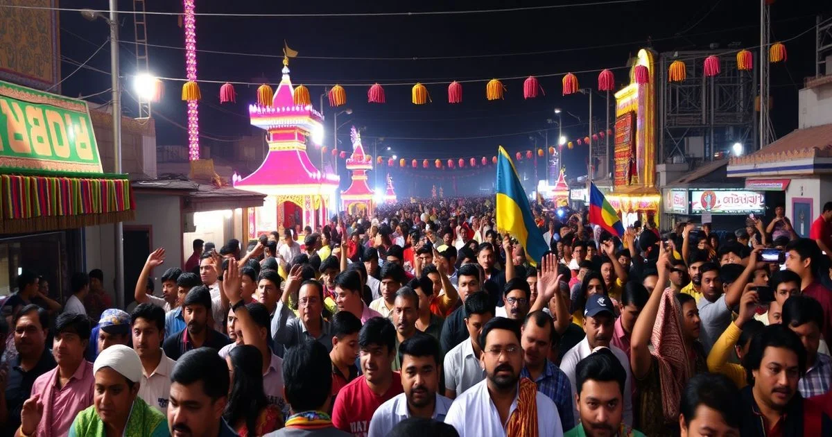 A vibrant, diverse crowd celebrating a traditional festival, blending ancient customs with modern technology, capturing joy, unity, and cultural richness under festive lights.