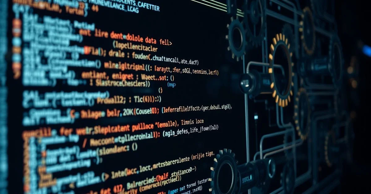 A detailed, intricate SQL query on a glowing screen, with gears and interconnected data pipes symbolizing complex data flow and efficiency, dark tech background, cinematic lighting.