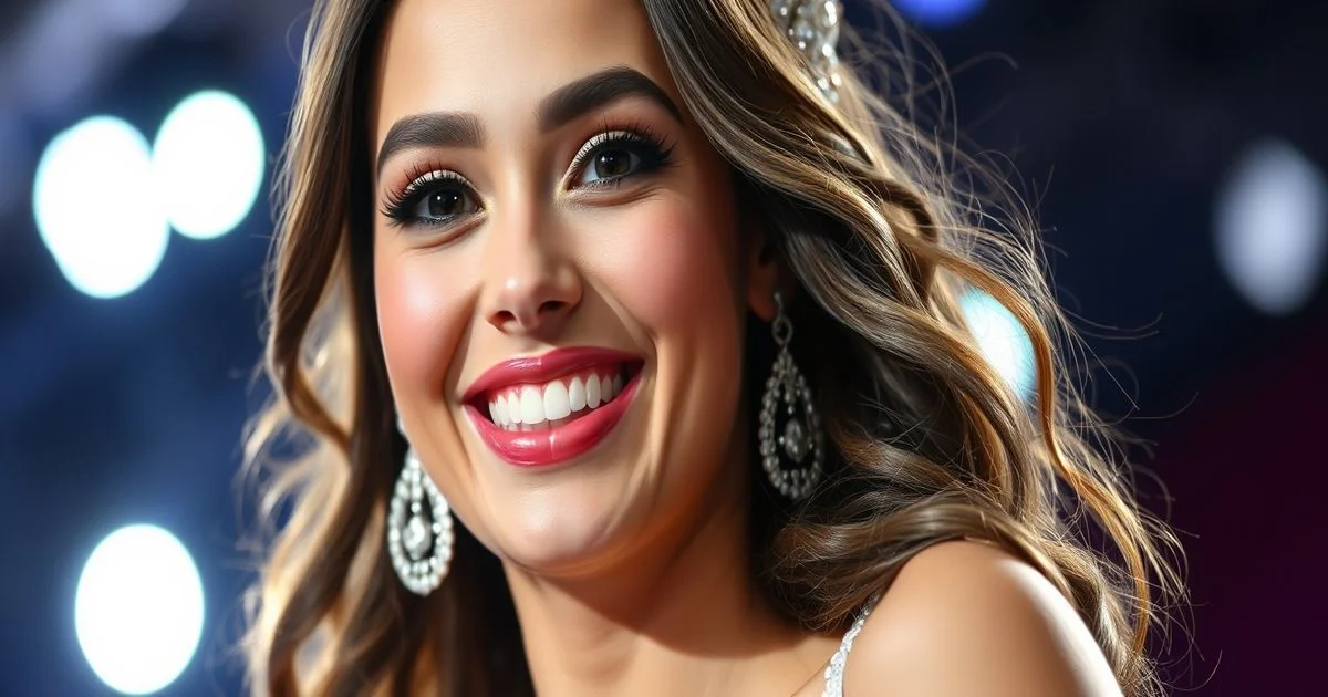 A close-up of a beauty pageant contestant smiling confidently on a brightly lit stage, with a subtle, endearing dental imperfection visible, captured in a dynamic news photography style.