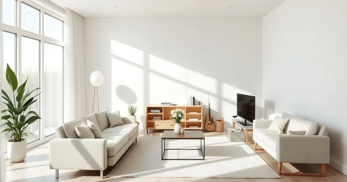 A serene, minimalist living room bathed in soft natural light, featuring simple furniture, decluttered surfaces, and a sense of spaciousness, illustrating mental clarity and calm.