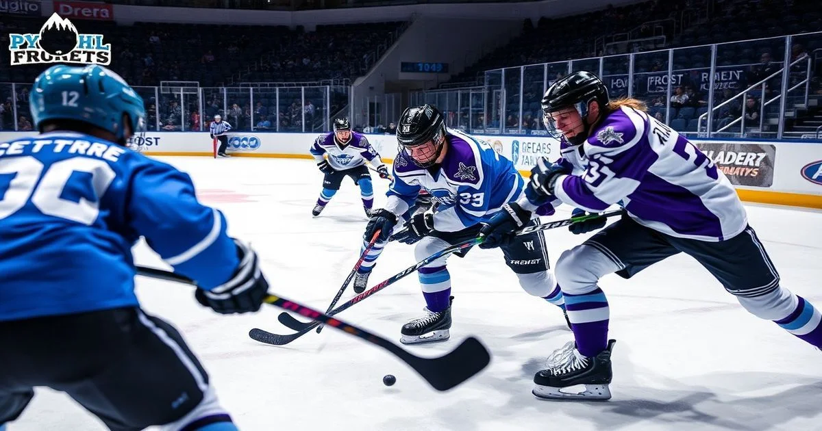 Dynamic high-angle shot of PWHL Toronto Sceptres (blue/black) and Minnesota Frost (purple/white) players intensely battling for the puck on ice. Bright arena, action photography.