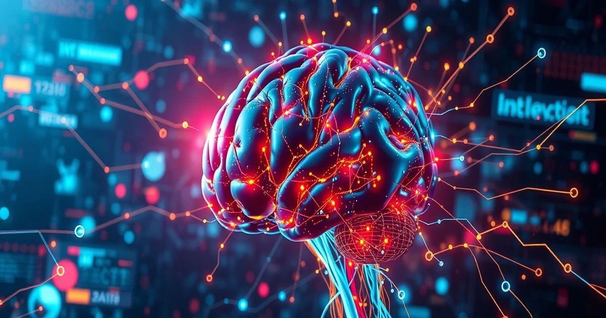 A futuristic AI brain glowing with neural connections, learning from interactions in a dynamic environment, surrounded by abstract data representations. Digital art, vibrant colors, sci-fi atmosphere.