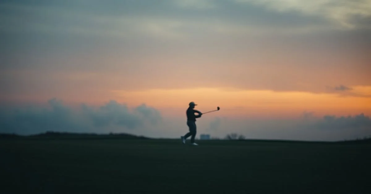 A somber, slightly blurred image of a golf course at dawn, with a silhouette of a golfer in the distance. The mood is reflective, with muted colors and a sense of uncertainty. Focus on the symbolism of a pause in a legendary career.