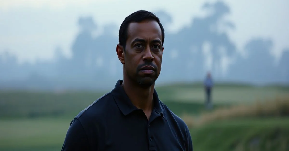 A solemn Tiger Woods, dressed in casual attire, standing beside a golf course at dawn, looking contemplative. The scene is slightly muted in color, with a hint of dramatic lighting.