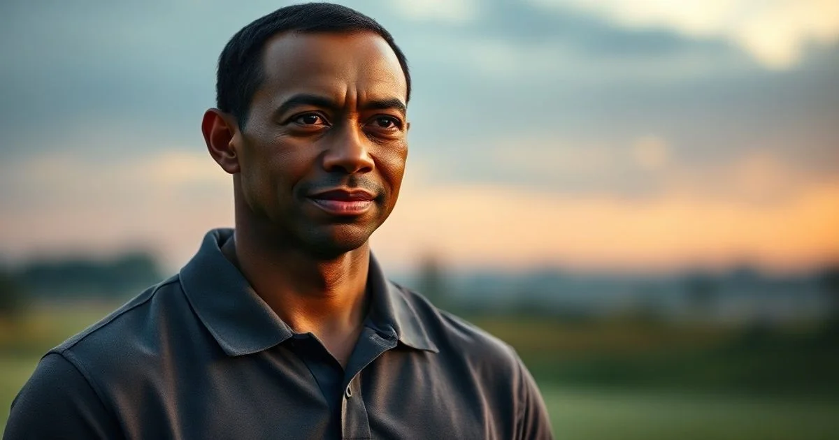 A somber image of golf legend Tiger Woods, dressed in a muted polo shirt, with a blurred background of a golf course at dawn. The scene is reflective, with soft, slightly dramatic lighting, conveying a sense of introspection and change.