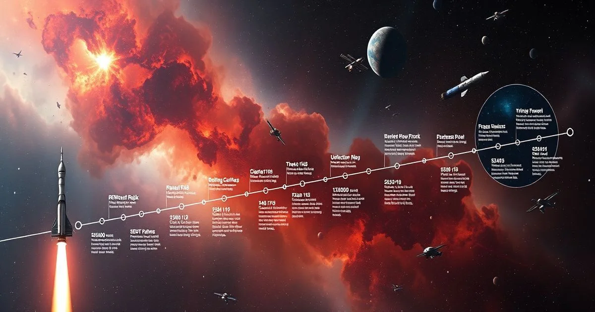 A detailed timeline of space exploration events stretching across a vibrant nebula, with rockets, satellites, and astronauts depicted in a futuristic yet historically accurate style, cinematic lighting.