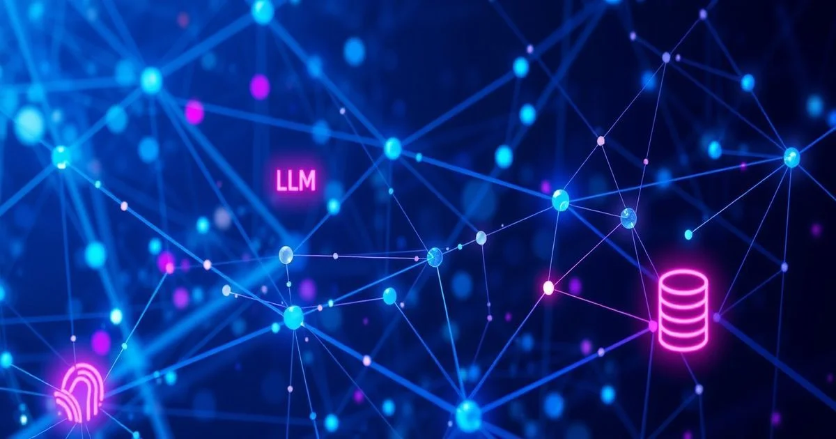 Abstract futuristic image of interconnected neural networks and data points representing vector embeddings, with glowing LLM symbols and database icons, sleek tech style, deep blues and purples.