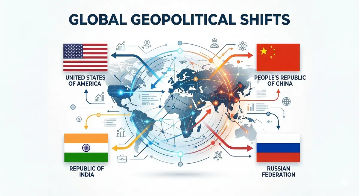 A world map with arrows indicating shifting power dynamics and interconnected regions, symbolizing global geopolitical changes.