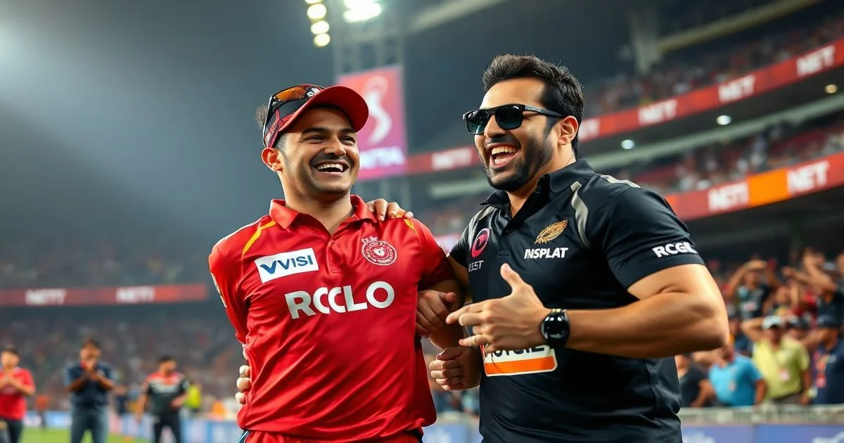 A dynamic, candid shot of a Royal Challengers Bangalore (RCB) cricket captain sharing a lighthearted, playful moment with Bollywood superstar Akshay Kumar, set against the vibrant backdrop of an IPL stadium during a match, with fans cheering. Cinematic, high-energy, warm lighting.
