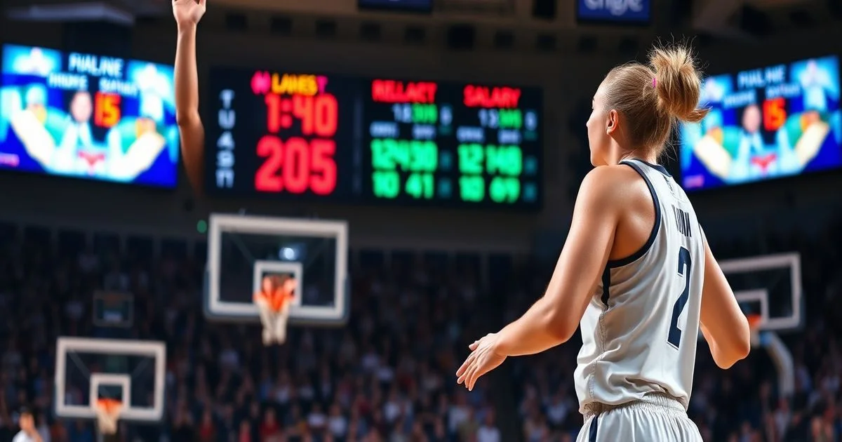 A dynamic, well-lit image of a female basketball player celebrating on court, with a scoreboard displaying rising salary figures in the background, vibrant and celebratory.